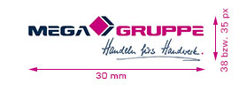 Kleinste Darstellung Logo MEGA Gruppe mit Leitbild Print und Web